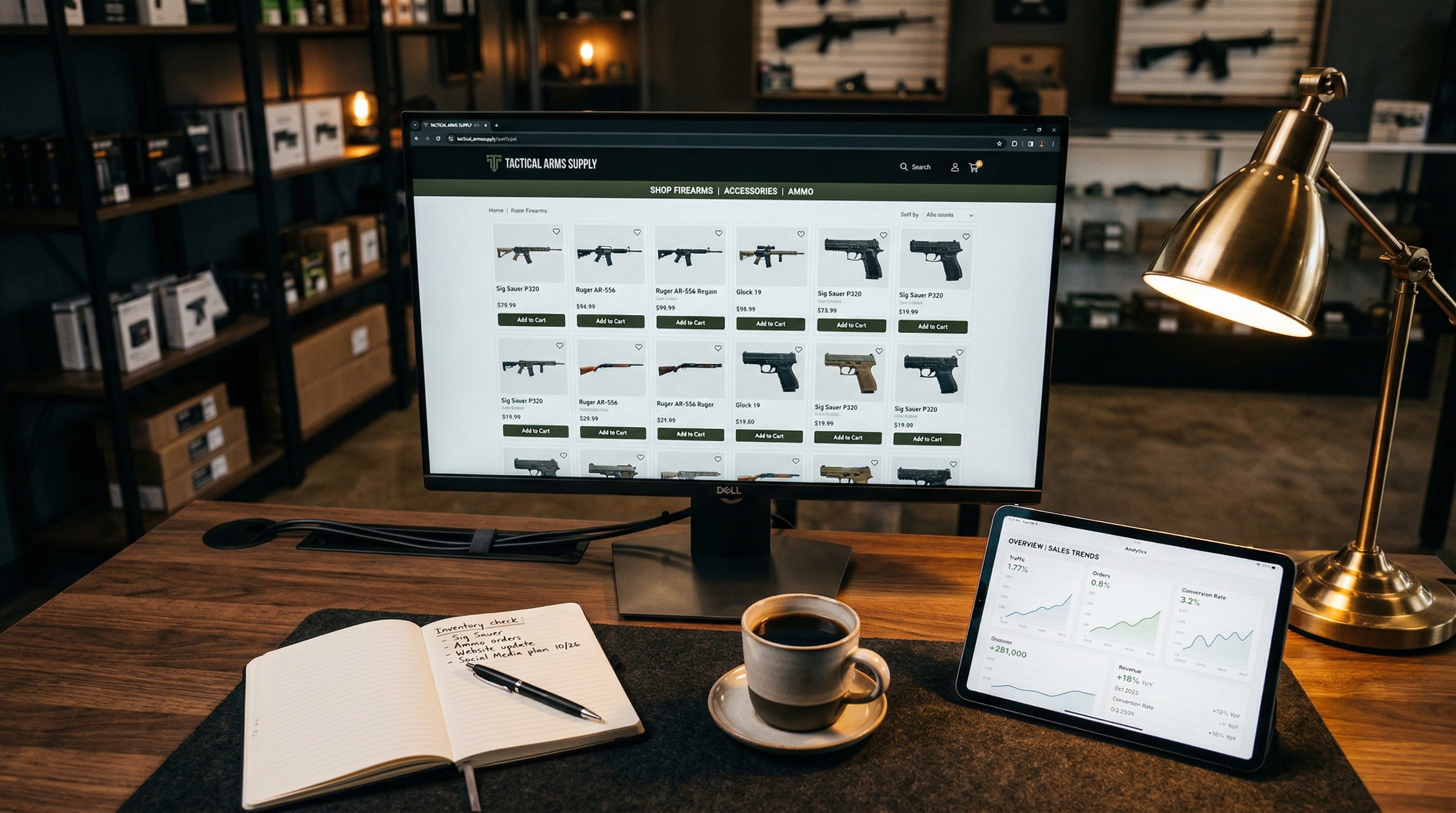 Firearms ecommerce workspace with product page analytics on screen
